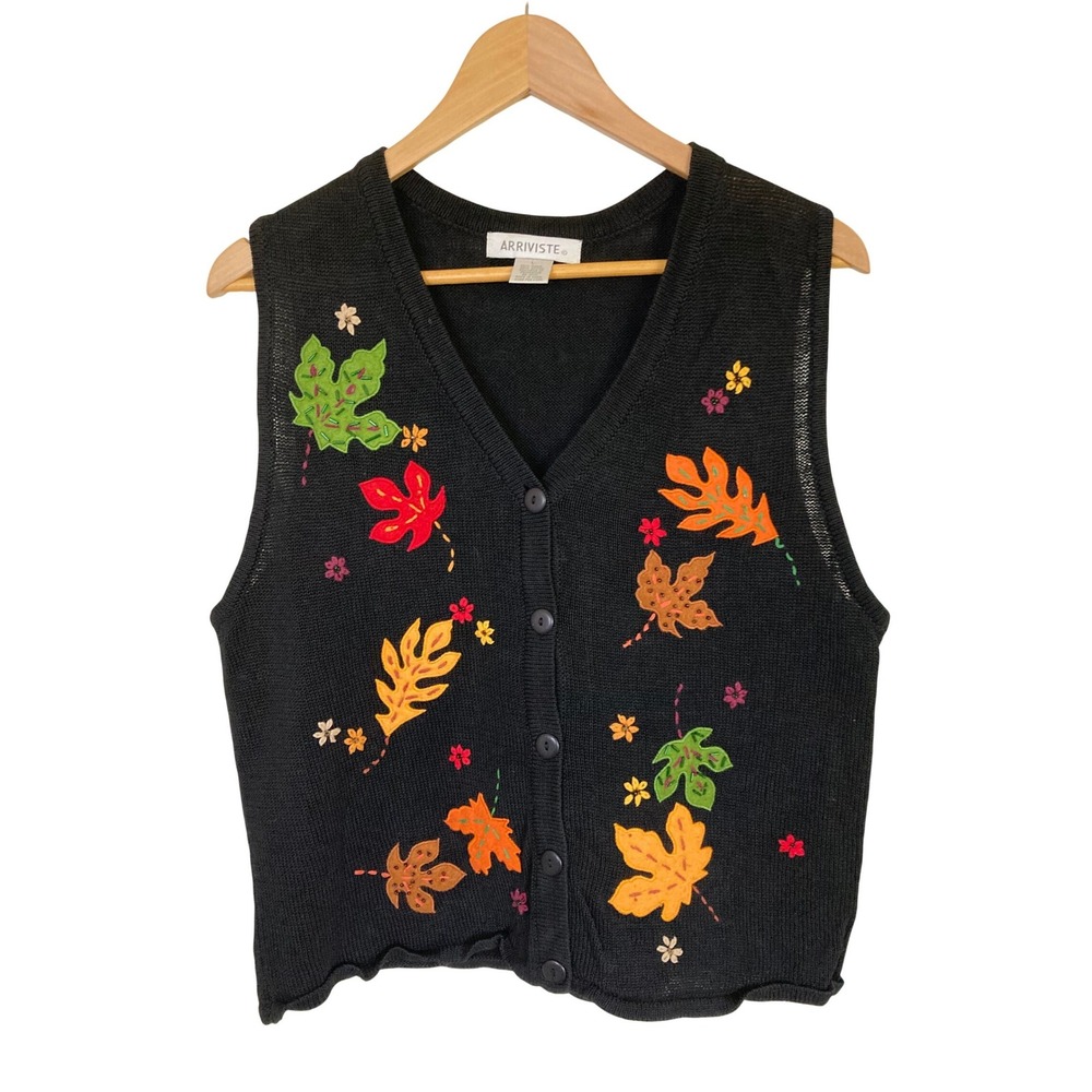 Arriviste Black Ramie Cotton Beaded Embroidered Fall Leaves Sweater Vest Large